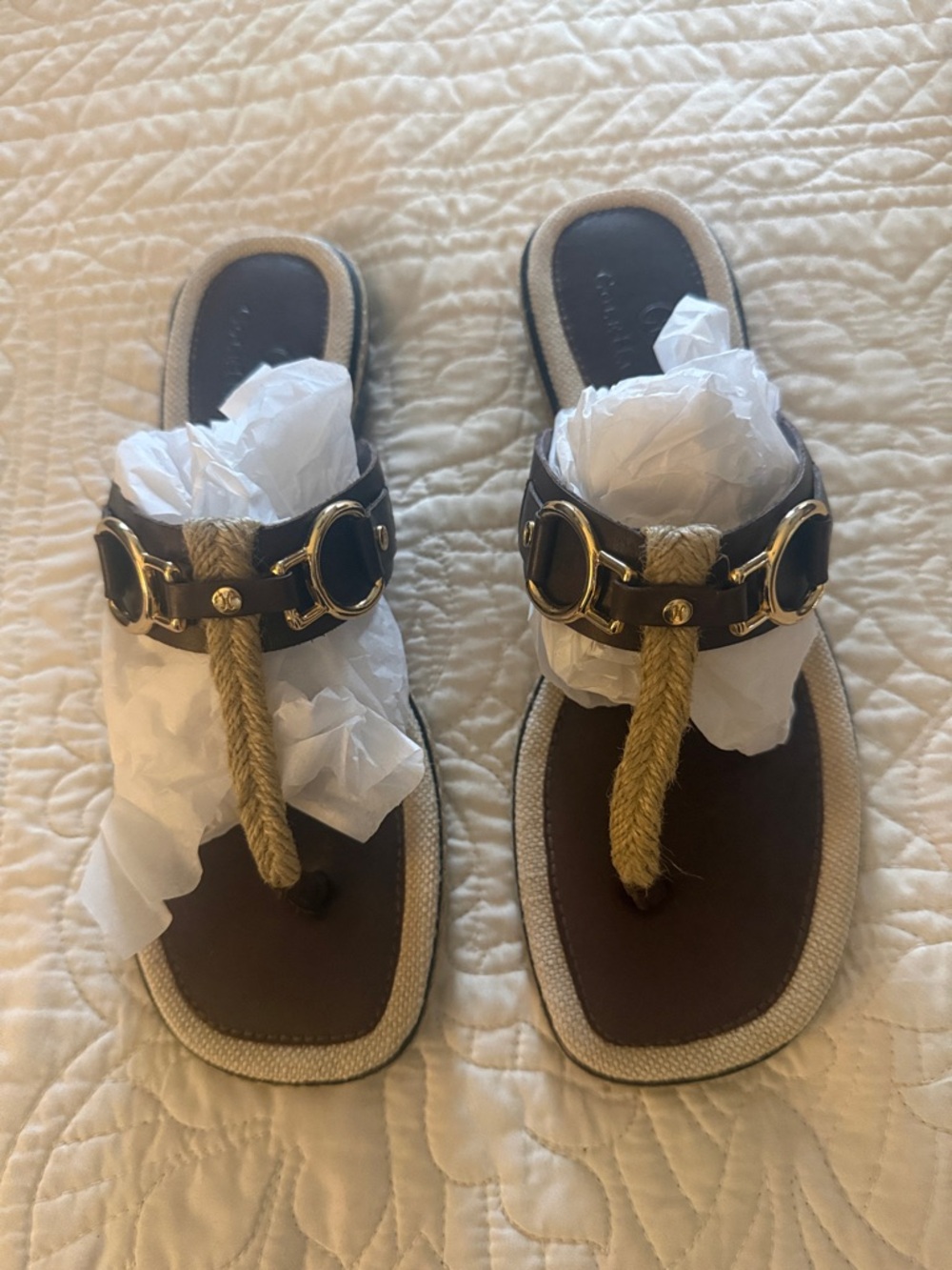 Cole Haan Brown Rope Thong Sandals with Gold Buckle Accents